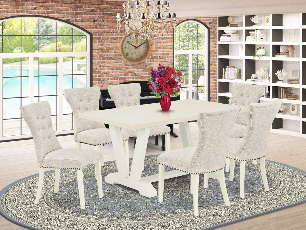 East West Furniture V026GA235-7 7 Piece Dinette Set Consist of a Rectangle Dining Room Table with V-Legs and 6 Doeskin Linen Fabric Parsons Dining Chairs