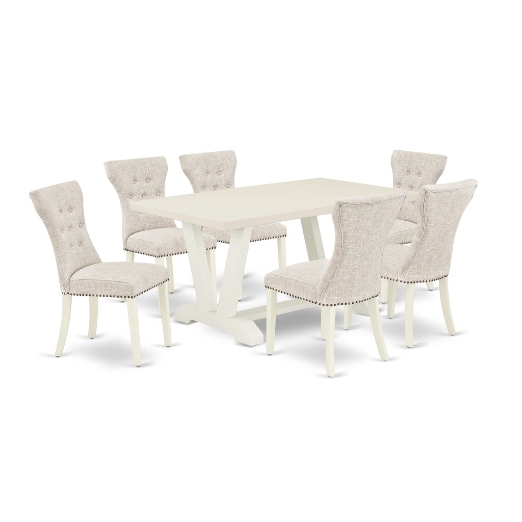 East West Furniture V026GA235-7 7 Piece Dinette Set Consist of a Rectangle Dining Room Table with V-Legs and 6 Doeskin Linen Fabric Parsons Dining Chairs