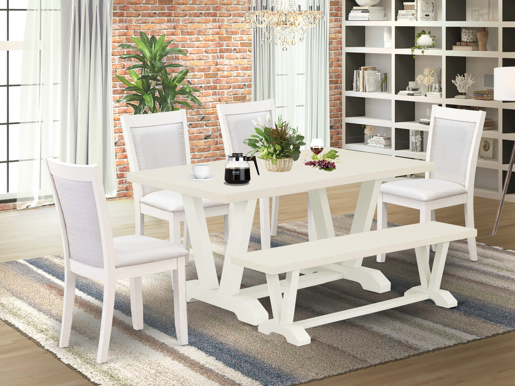 East West Furniture V026MZ001-6 6 Piece Dining Table Set Contains a Rectangle Table with V-Legs and 4 Cream Linen Fabric Upholstered Chairs with a Bench