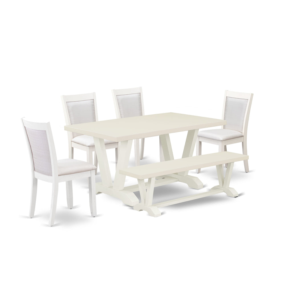 East West Furniture V026MZ001-6 6 Piece Dining Table Set Contains a Rectangle Table with V-Legs and 4 Cream Linen Fabric Upholstered Chairs with a Bench