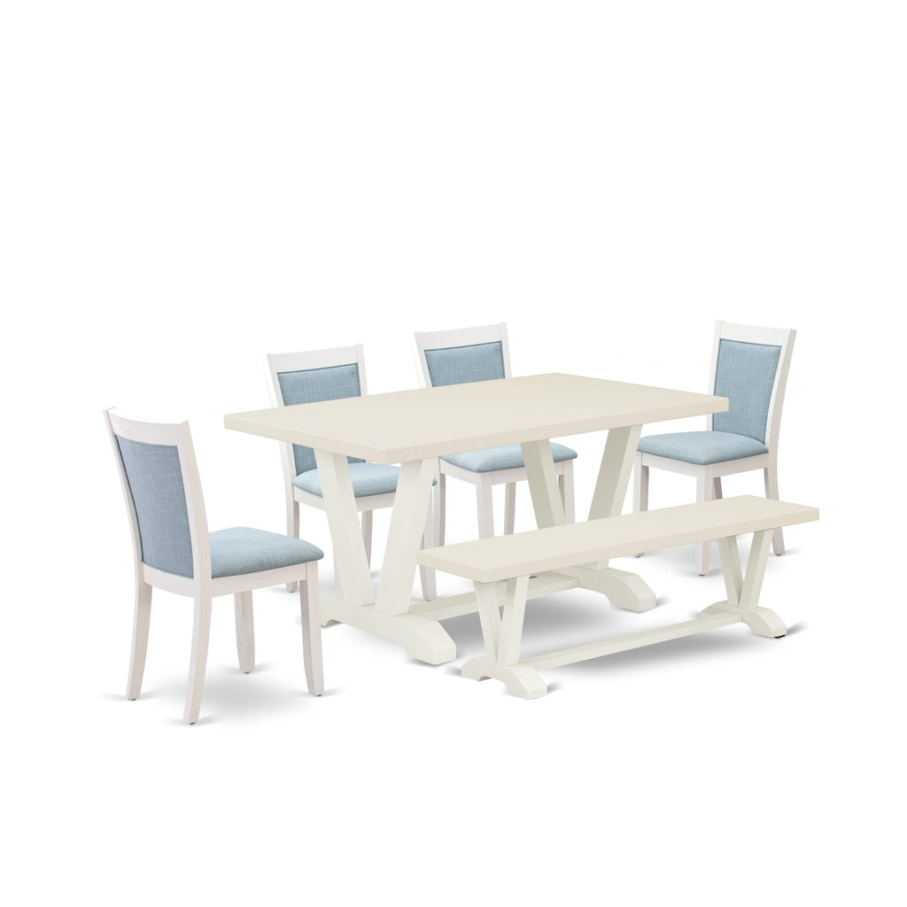 East West Furniture V026MZ015-6 6 Piece Dining Set Contains a Rectangle Dining Room Table with V-Legs and 4 Baby Blue Linen Fabric Parson Chairs with a Bench