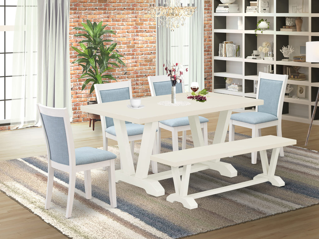 East West Furniture V026MZ015-6 6 Piece Dining Set Contains a Rectangle Dining Room Table with V-Legs and 4 Baby Blue Linen Fabric Parson Chairs with a Bench