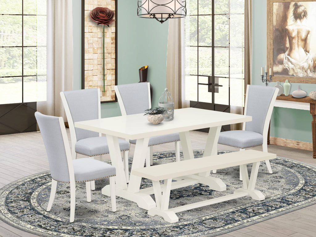 East West Furniture V026VE005-6 6 Piece Dinette Set Contains a Rectangle Dining Room Table with V-Legs and 4 Grey Linen Fabric Parson Chairs with a Bench