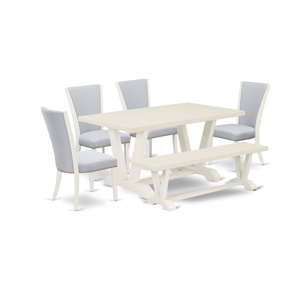 East West Furniture V026VE005-6 6 Piece Dinette Set Contains a Rectangle Dining Room Table with V-Legs and 4 Grey Linen Fabric Parson Chairs with a Bench