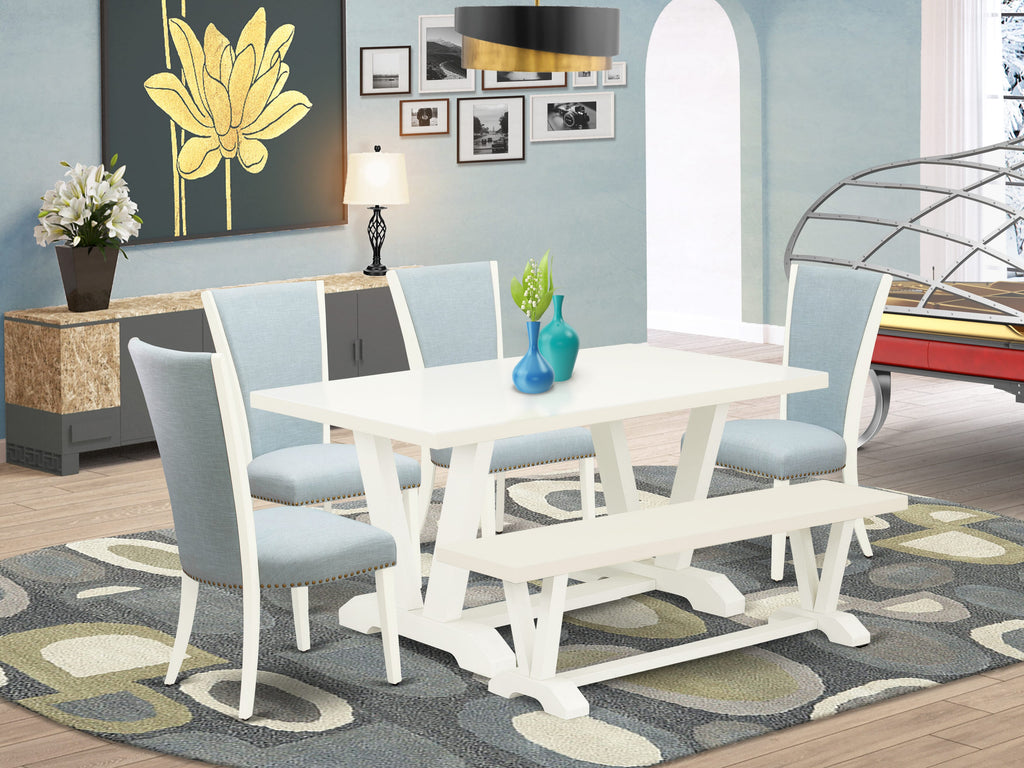 East West Furniture V026VE215-6 6 Piece Dining Set Contains a Rectangle Dining Room Table with V-Legs and 4 Baby Blue Linen Fabric Parson Chairs with a Bench