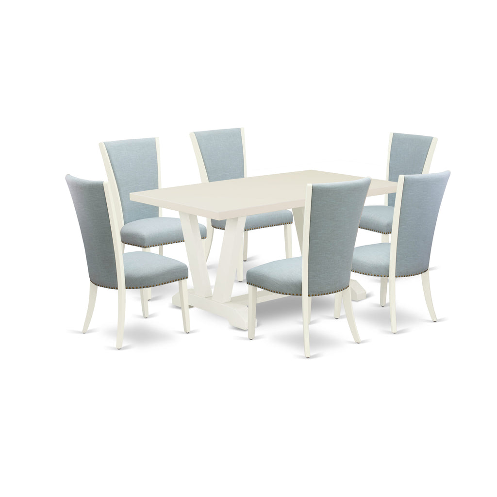 East West Furniture V026VE215-7 7 Piece Kitchen Table Set Consist of a Rectangle Dining Table with V-Legs and 6 Baby Blue Linen Fabric Parson Dining Room Chairs