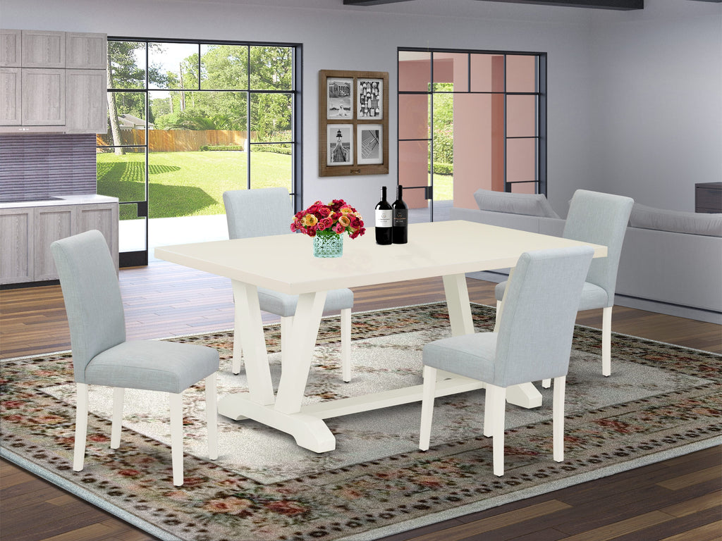 East West Furniture V027AB015-5 5 Piece Modern Dining Table Set Includes a Rectangle Wooden Table with V-Legs and 4 Baby Blue Linen Fabric Upholstered Chairs