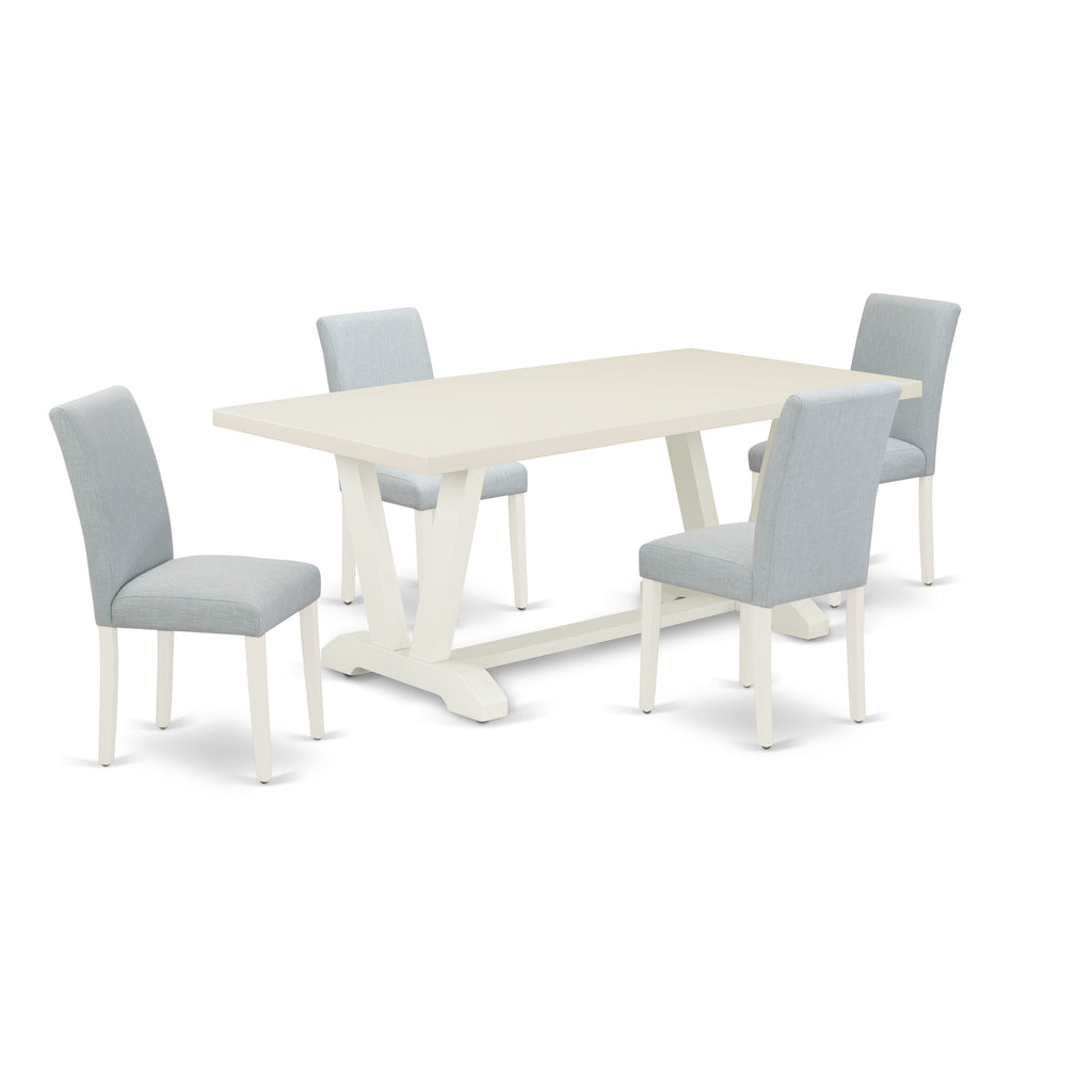 East West Furniture V027AB015-5 5 Piece Modern Dining Table Set Includes a Rectangle Wooden Table with V-Legs and 4 Baby Blue Linen Fabric Upholstered Chairs