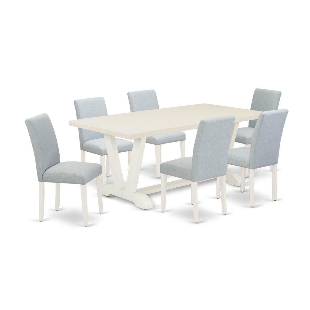 East West Furniture V027AB015-7 7 Piece Dining Table Set Consist of a Rectangle Dining Room Table with V-Legs and 6 Baby Blue Linen Fabric Upholstered Chairs