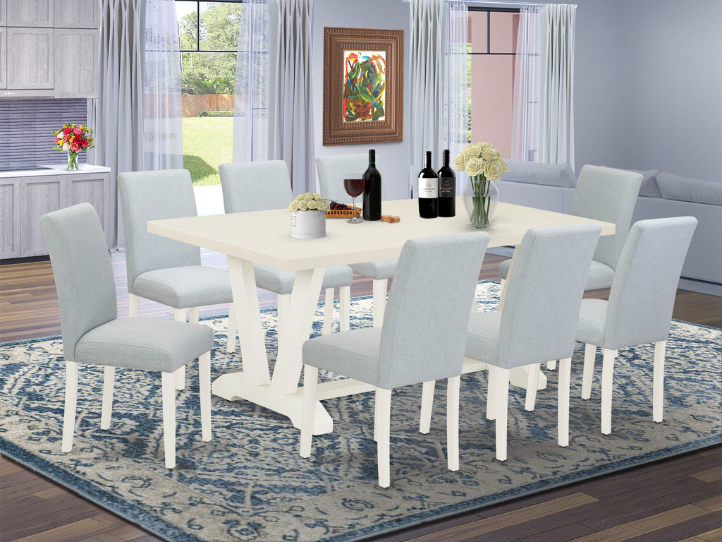 East West Furniture V027AB015-9 9 Piece Dining Room Table Set Includes a Rectangle Dining Table with V-Legs and 8 Baby Blue Linen Fabric Upholstered Chairs