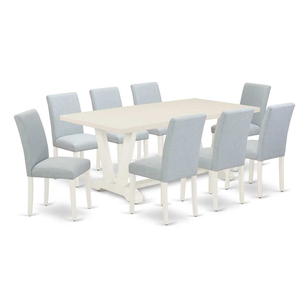 East West Furniture V027AB015-9 9 Piece Dining Room Table Set Includes a Rectangle Dining Table with V-Legs and 8 Baby Blue Linen Fabric Upholstered Chairs