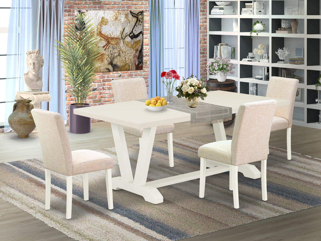 East West Furniture V027AB202-5 5 Piece Dining Table Set Includes a Rectangle Kitchen Table with V-Legs and 4 Light Beige Linen Fabric Parson Dining Room Chairs