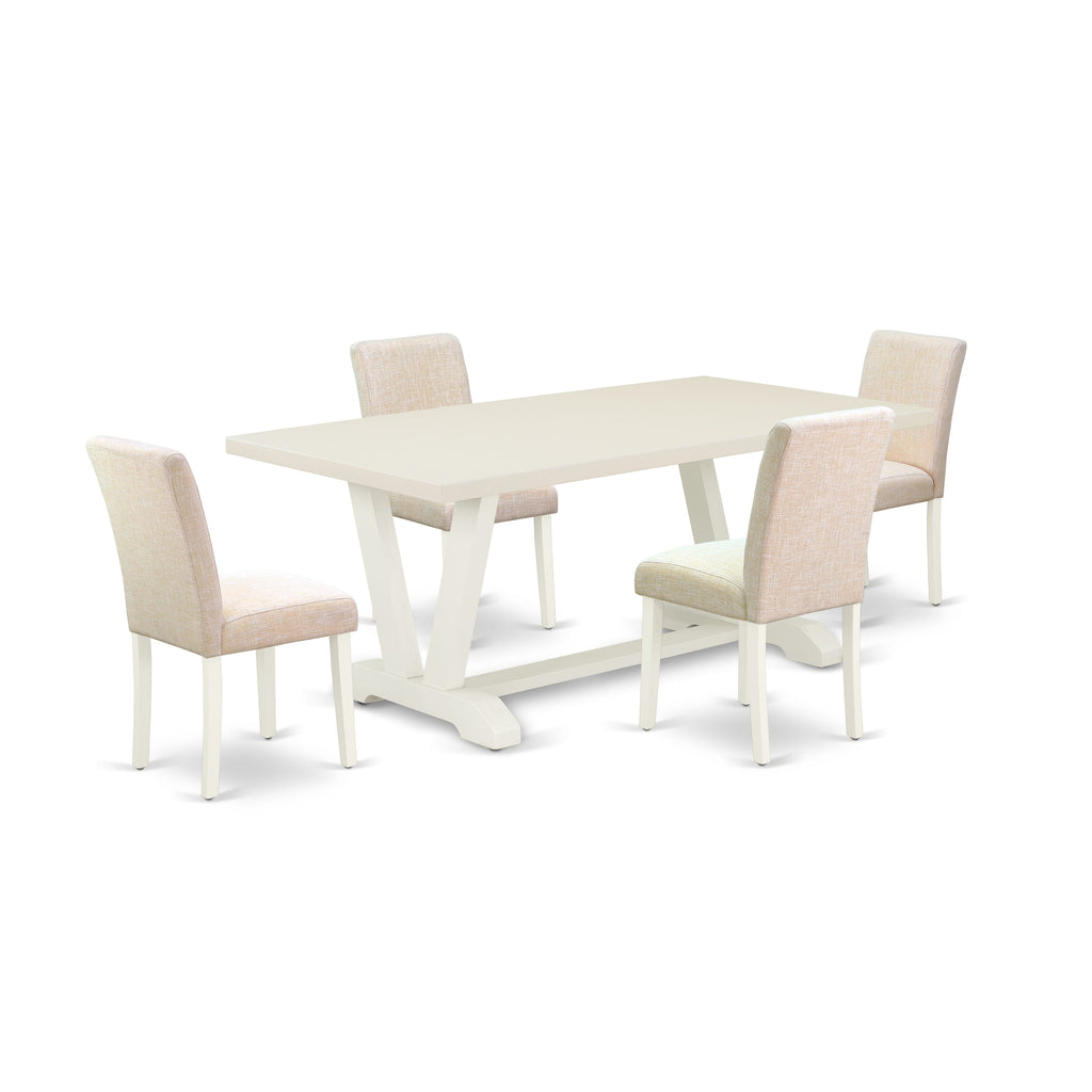 East West Furniture V027AB202-5 5 Piece Dining Table Set Includes a Rectangle Kitchen Table with V-Legs and 4 Light Beige Linen Fabric Parson Dining Room Chairs