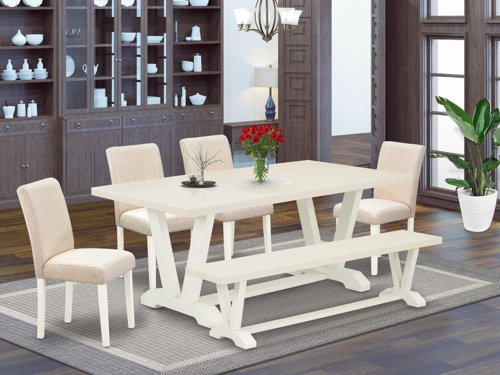 East West Furniture V027AB202-6 6 Piece Dining Table Set Contains a Rectangle Wooden Table with V-Legs and 4 Light Beige Linen Fabric Parson Chairs with a Bench