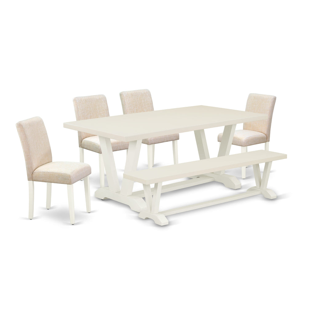 East West Furniture V027AB202-6 6 Piece Dining Table Set Contains a Rectangle Wooden Table with V-Legs and 4 Light Beige Linen Fabric Parson Chairs with a Bench