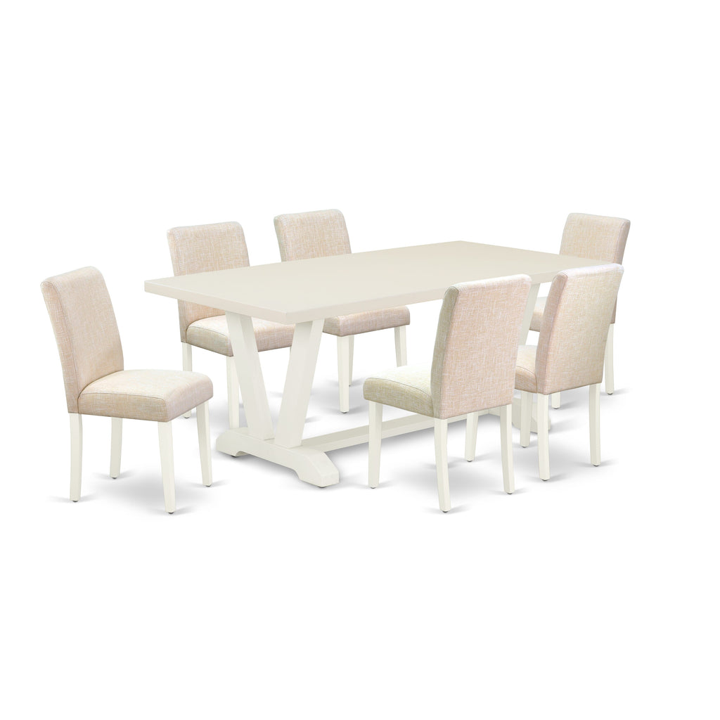 East West Furniture V027AB202-7 7 Piece Dining Table Set Consist of a Rectangle Dining Room Table with V-Legs and 6 Light Beige Linen Fabric Upholstered Chairs