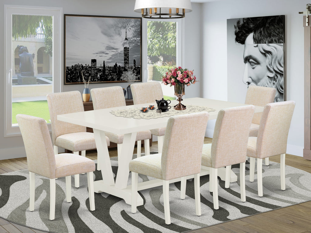 East West Furniture V027AB202-9 9 Piece Dining Room Set Includes a Rectangle Dining Table with V-Legs and 8 Light Beige Linen Fabric Upholstered Chairs