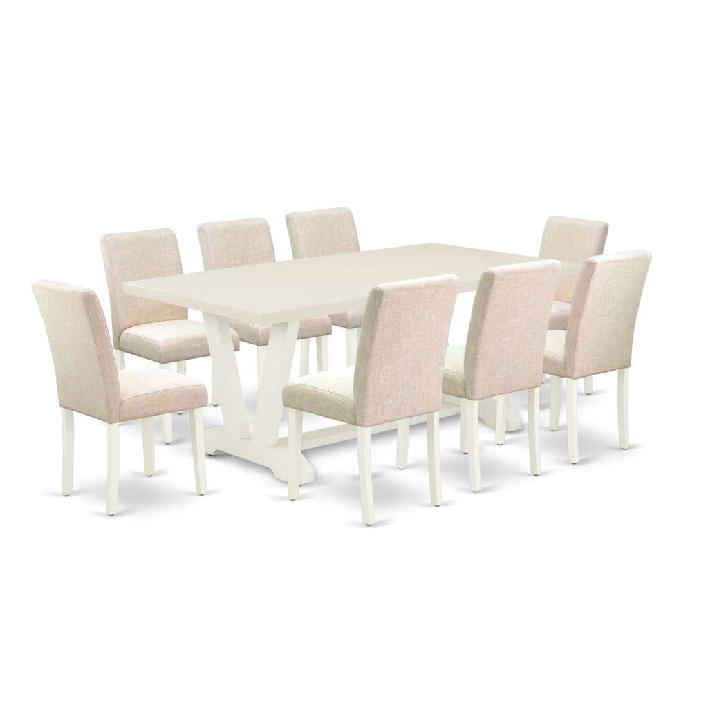 East West Furniture V027AB202-9 9 Piece Dining Room Set Includes a Rectangle Dining Table with V-Legs and 8 Light Beige Linen Fabric Upholstered Chairs