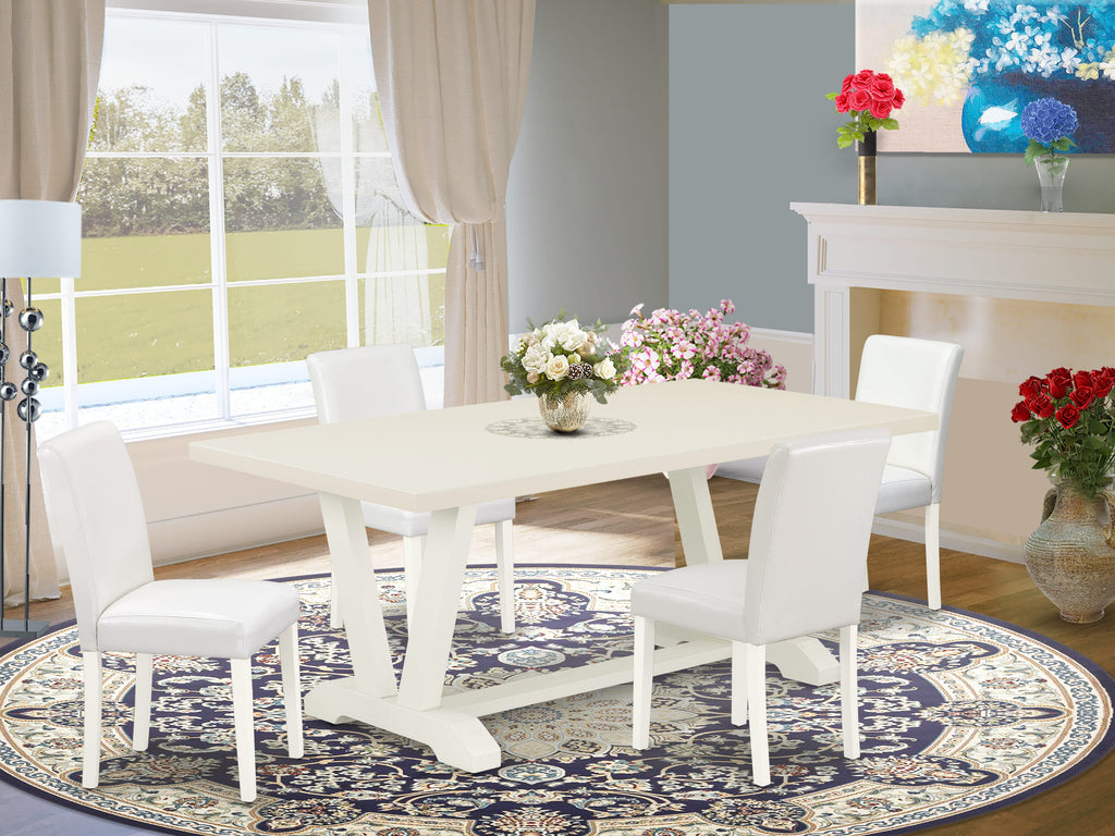 East West Furniture V027AB264-5 5 Piece Dinette Set Includes a Rectangle Dining Room Table with V-Legs and 4 White Faux Leather Upholstered Parson Chairs