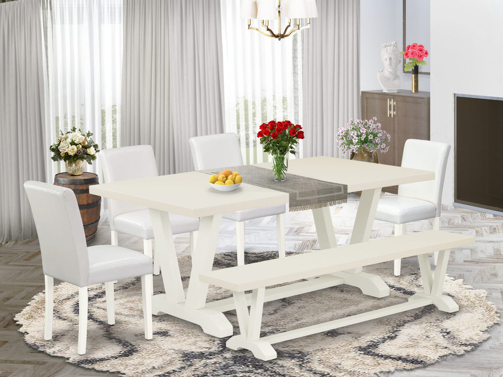 East West Furniture V027AB264-6 6 Piece Dining Set Contains a Rectangle Dining Room Table with V-Legs and 4 White Faux Leather Parson Chairs with a Bench