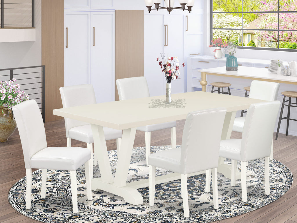 East West Furniture V027AB264-7 7 Piece Dining Room Furniture Set Consist of a Rectangle Dining Table with V-Legs and 6 White Faux Leather Upholstered Chairs