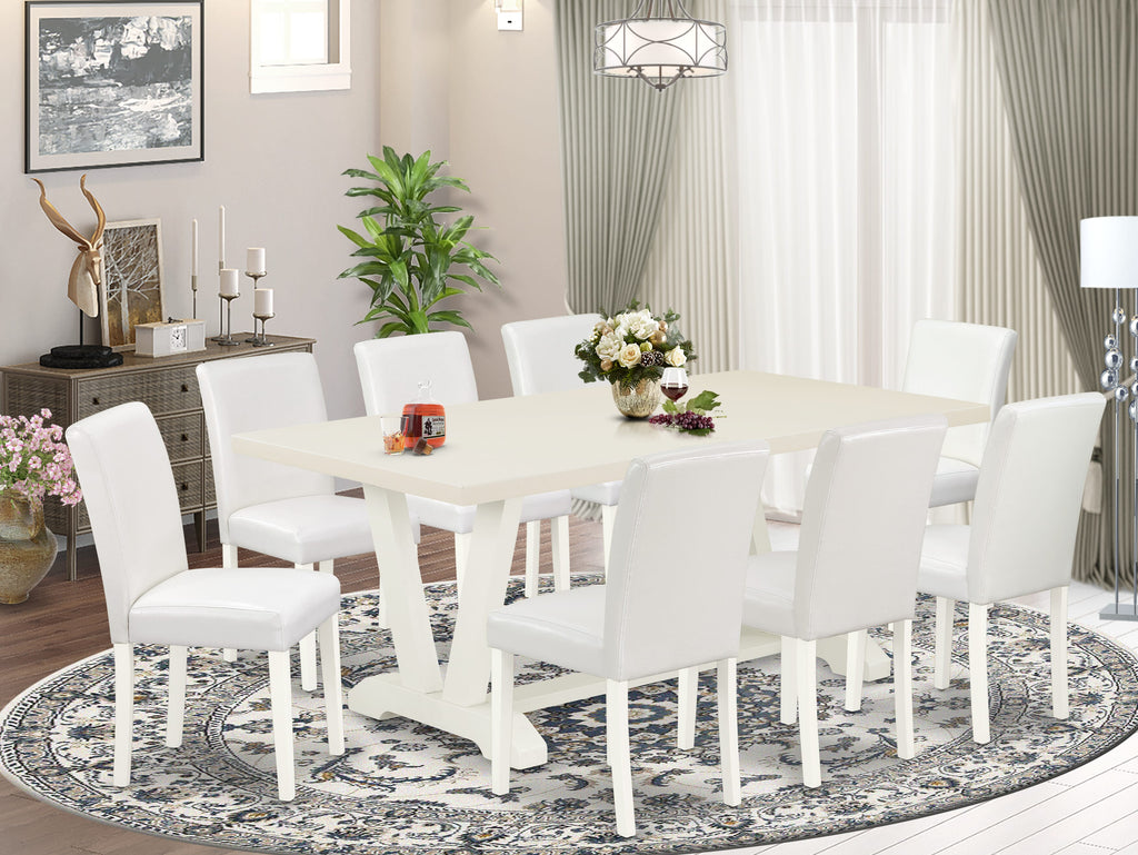 East West Furniture V027AB264-9 9 Piece Modern Dining Table Set Includes a Rectangle Wooden Table with V-Legs and 8 White Faux Leather Parson Dining Chairs