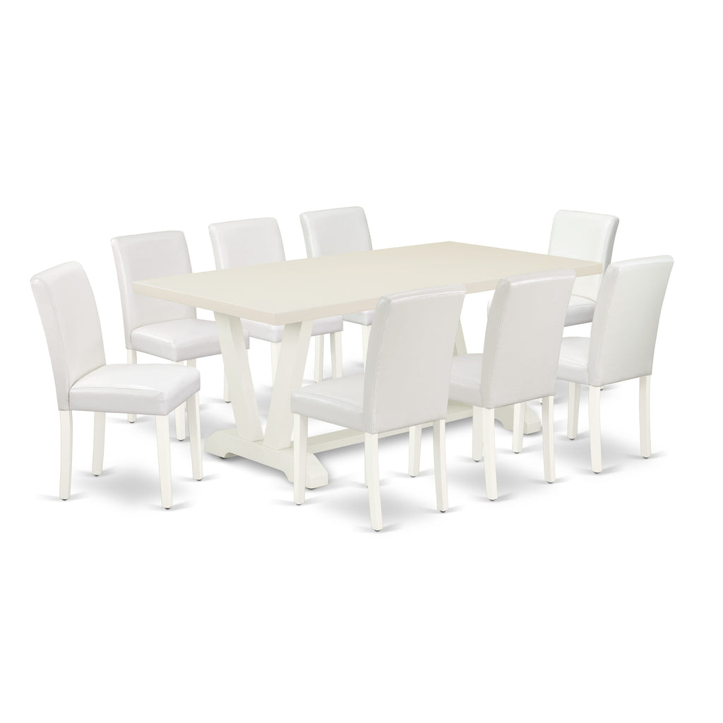 East West Furniture V027AB264-9 9 Piece Modern Dining Table Set Includes a Rectangle Wooden Table with V-Legs and 8 White Faux Leather Parson Dining Chairs