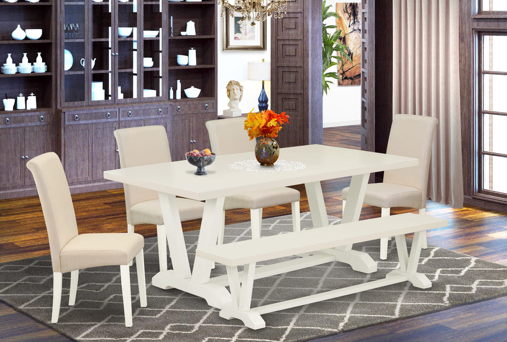 East West Furniture V027BA201-6 6 Piece Dining Set Contains a Rectangle Dining Room Table with V-Legs and 4 Cream Linen Fabric Parson Chairs with a Bench