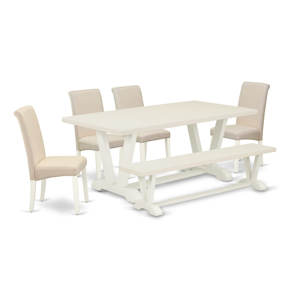 East West Furniture V027BA201-6 6 Piece Dining Set Contains a Rectangle Dining Room Table with V-Legs and 4 Cream Linen Fabric Parson Chairs with a Bench