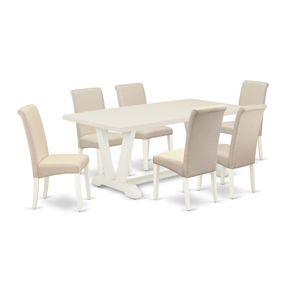 East West Furniture V027BA201-7 7 Piece Modern Dining Table Set Consist of a Rectangle Dining Room Table with V-Legs and 6 Cream Linen Fabric Parsons Chairs