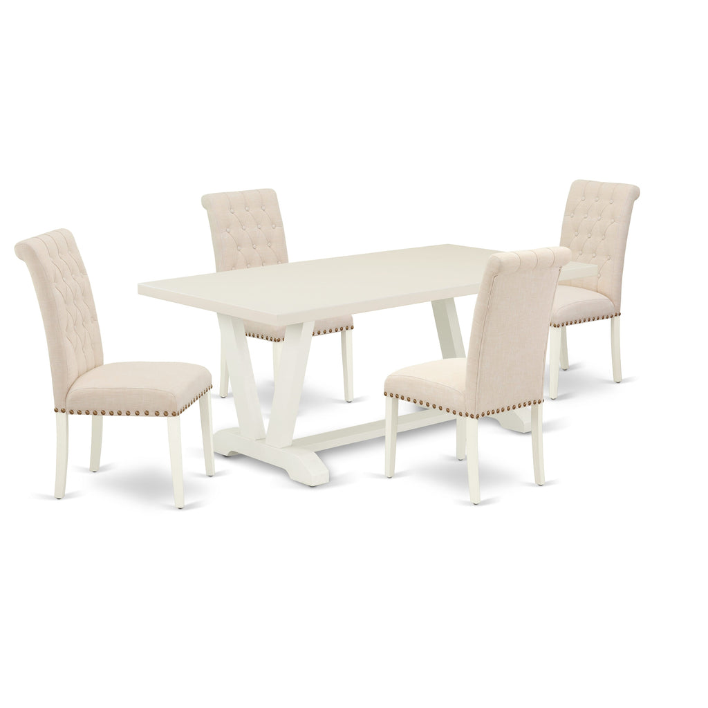 East West Furniture V027BR202-5 5 Piece Kitchen Table Set for 4 Includes a Rectangle Dining Room Table with V-Legs and 4 Light Beige Linen Fabric Parsons Chairs