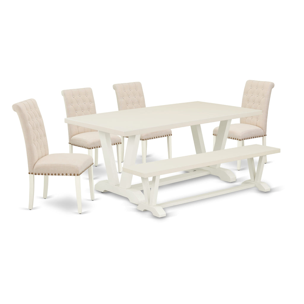 East West Furniture V027BR202-6 6 Piece Dining Table Set Contains a Rectangle Dining Room Table and 4 Light Beige Linen Fabric Parson Chairs with a Bench