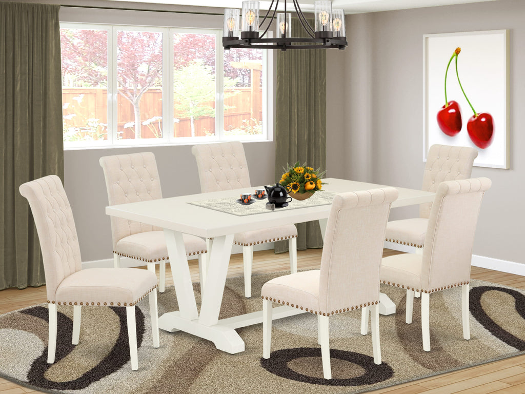 East West Furniture V027BR202-7 7 Piece Dining Room Furniture Set Consist of a Rectangle Dining Table with V-Legs and 6 Light Beige Linen Fabric Parsons Chairs