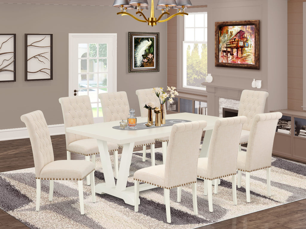 East West Furniture V027BR202-9 9 Piece Dining Set Includes a Rectangle Dining Room Table with V-Legs and 8 Light Beige Linen Fabric Upholstered Parson Chairs