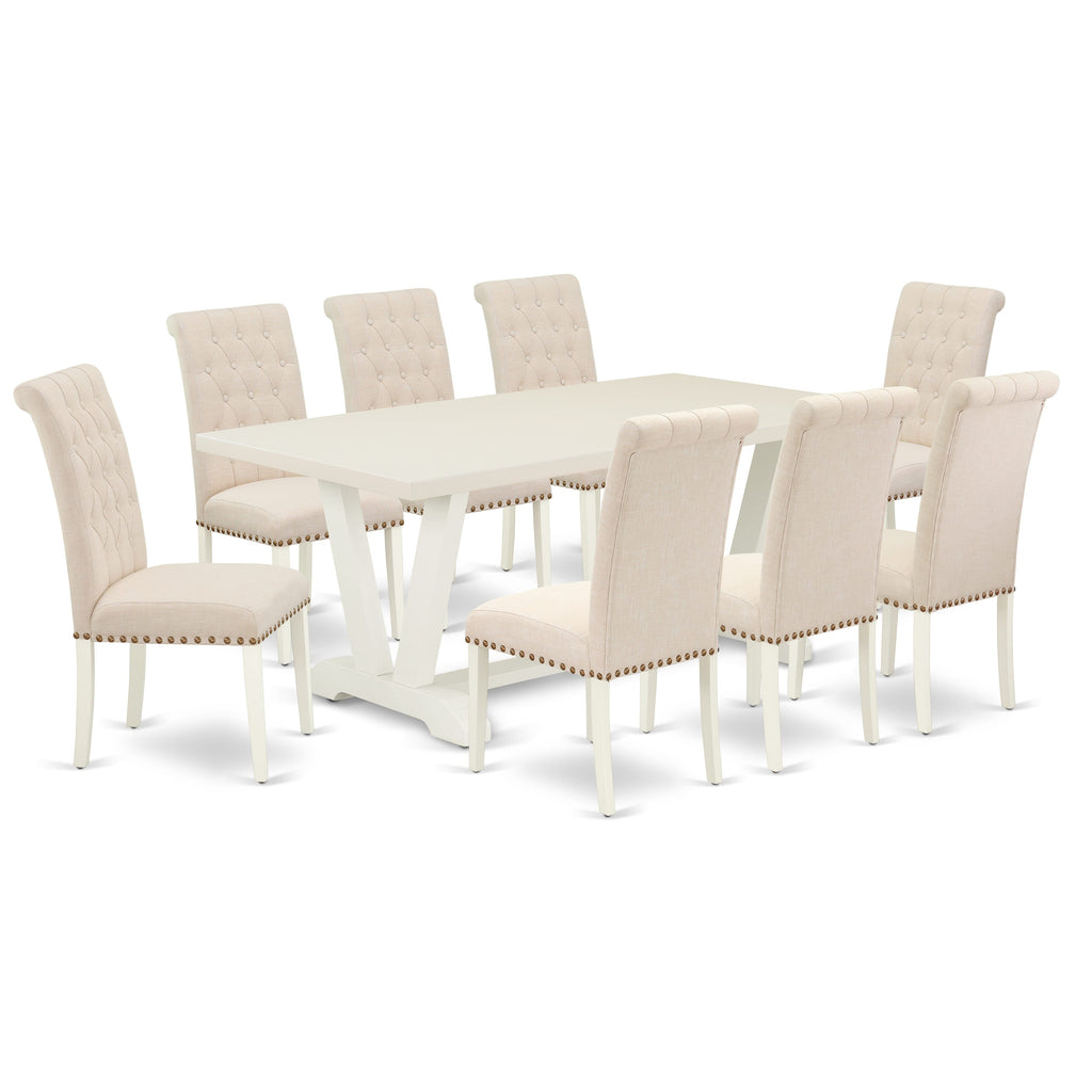 East West Furniture V027BR202-9 9 Piece Dining Set Includes a Rectangle Dining Room Table with V-Legs and 8 Light Beige Linen Fabric Upholstered Parson Chairs