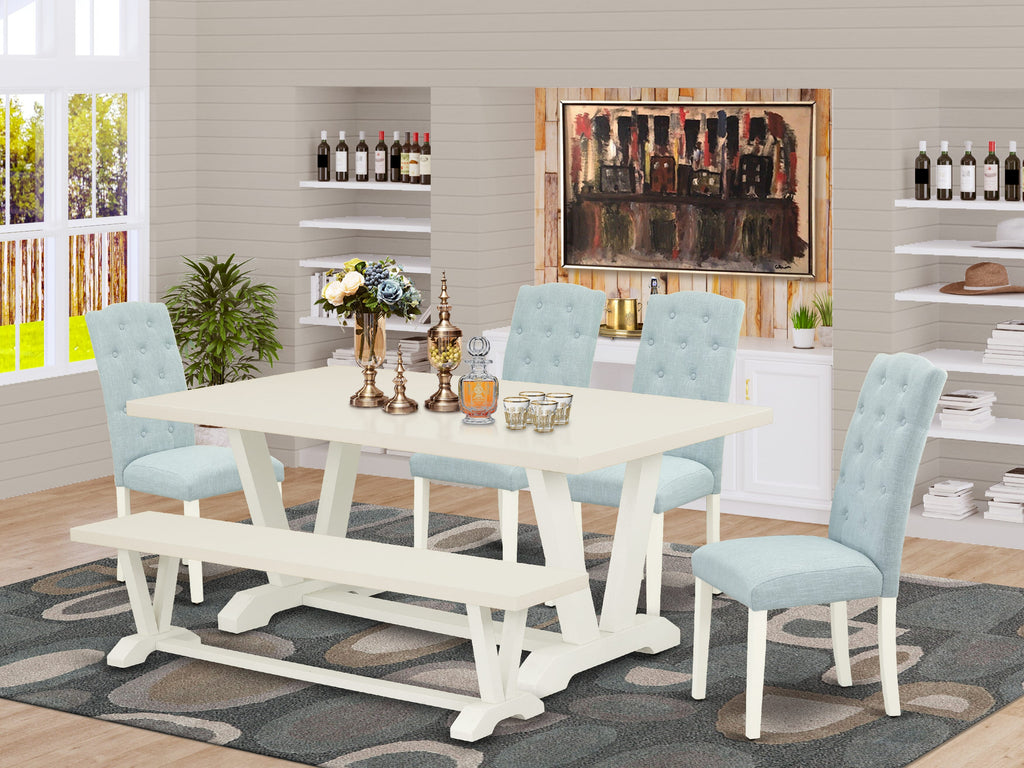 East West Furniture V027CE215-6 6 Piece Dining Room Table Set Contains a Rectangle Kitchen Table with V-Legs and 4 Baby Blue Linen Fabric Parson Chairs with a Bench