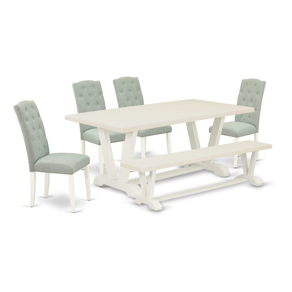 East West Furniture V027CE215-6 6 Piece Dining Room Table Set Contains a Rectangle Kitchen Table with V-Legs and 4 Baby Blue Linen Fabric Parson Chairs with a Bench