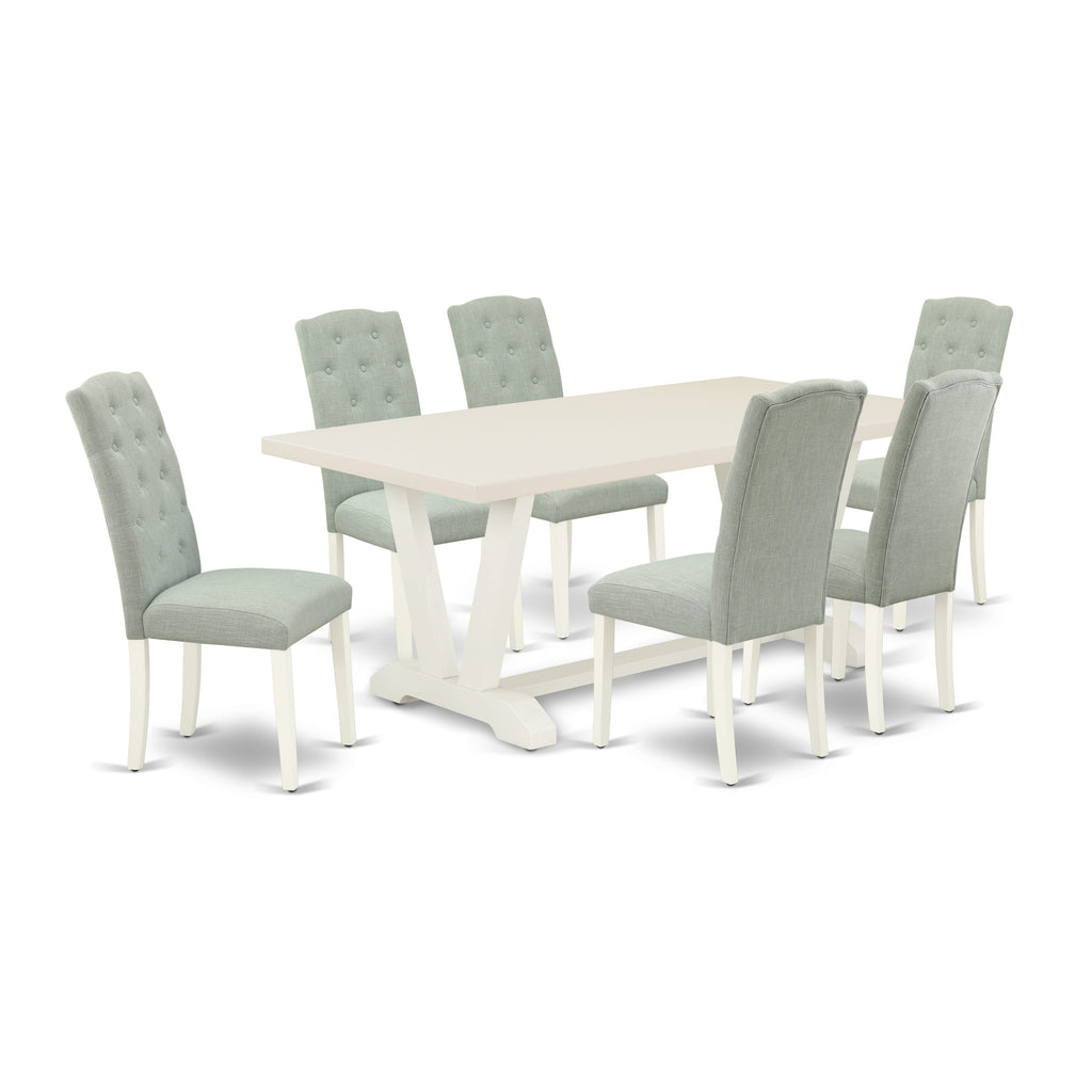 East West Furniture V027CE215-7 7 Piece Dining Room Table Set Consist of a Rectangle Kitchen Table with V-Legs and 6 Baby Blue Linen Fabric Parsons Dining Chairs