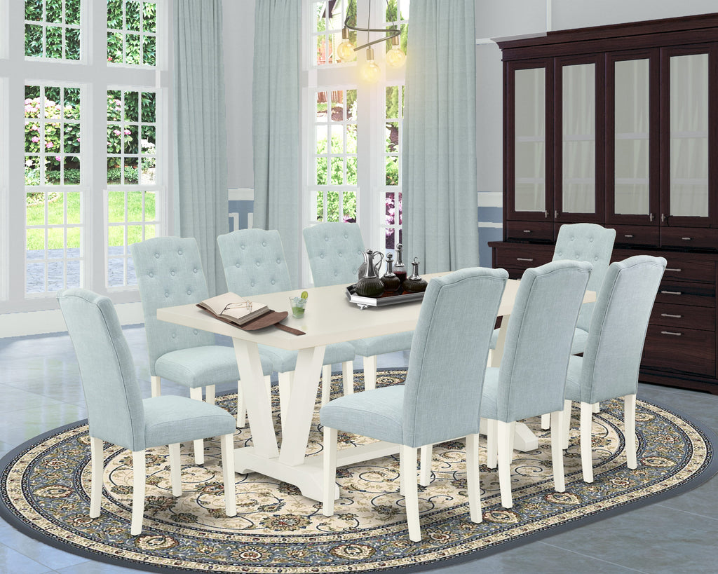 East West Furniture V027CE215-9 9 Piece Dining Table Set Includes a Rectangle Dining Room Table with V-Legs and 8 Baby Blue Linen Fabric Upholstered Chairs