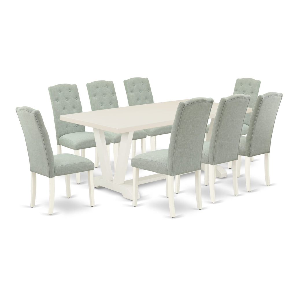 East West Furniture V027CE215-9 9 Piece Dining Table Set Includes a Rectangle Dining Room Table with V-Legs and 8 Baby Blue Linen Fabric Upholstered Chairs