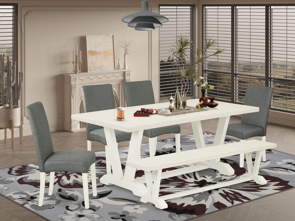 East West Furniture V027DR207-6 6 Piece Dining Set Contains a Rectangle Dining Room Table with V-Legs and 4 Gray Linen Fabric Parson Chairs with a Bench