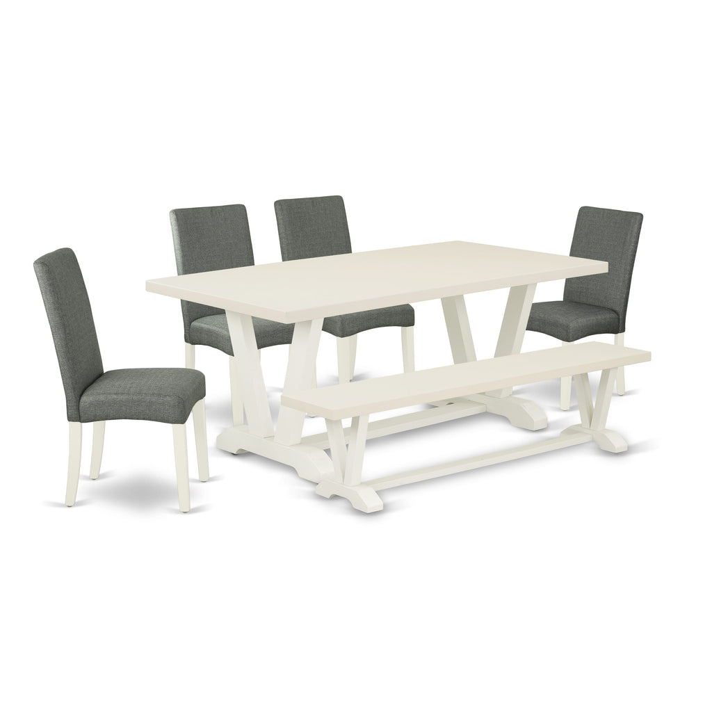 East West Furniture V027DR207-6 6 Piece Dining Set Contains a Rectangle Dining Room Table with V-Legs and 4 Gray Linen Fabric Parson Chairs with a Bench