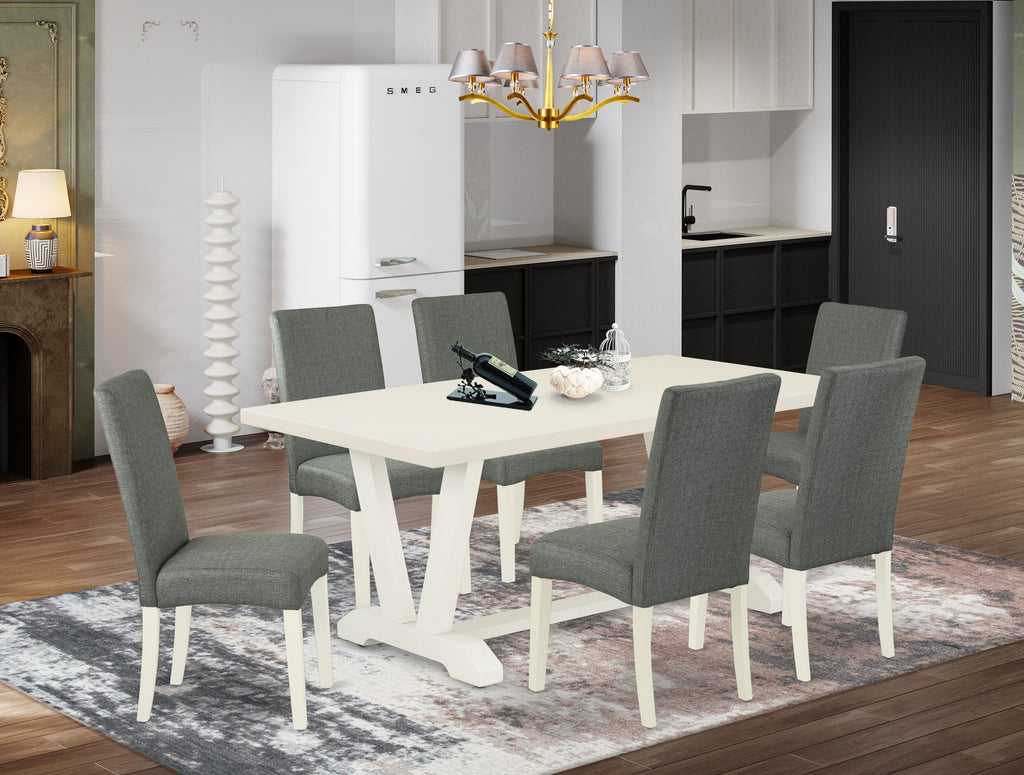 East West Furniture V027DR207-7 7 Piece Kitchen Table Set Consist of a Rectangle Dining Table with V-Legs and 6 Gray Linen Fabric Parson Dining Room Chairs