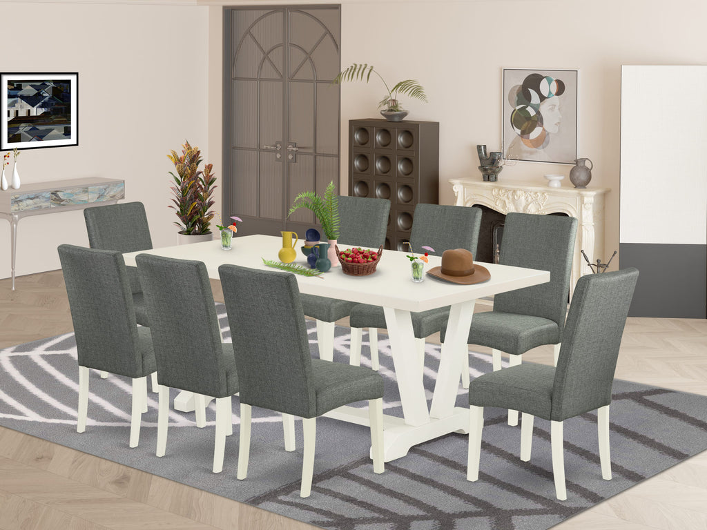 East West Furniture V027DR207-9 9 Piece Modern Dining Table Set Includes a Rectangle Dining Room Table with V-Legs and 8 Gray Linen Fabric Upholstered Chairs