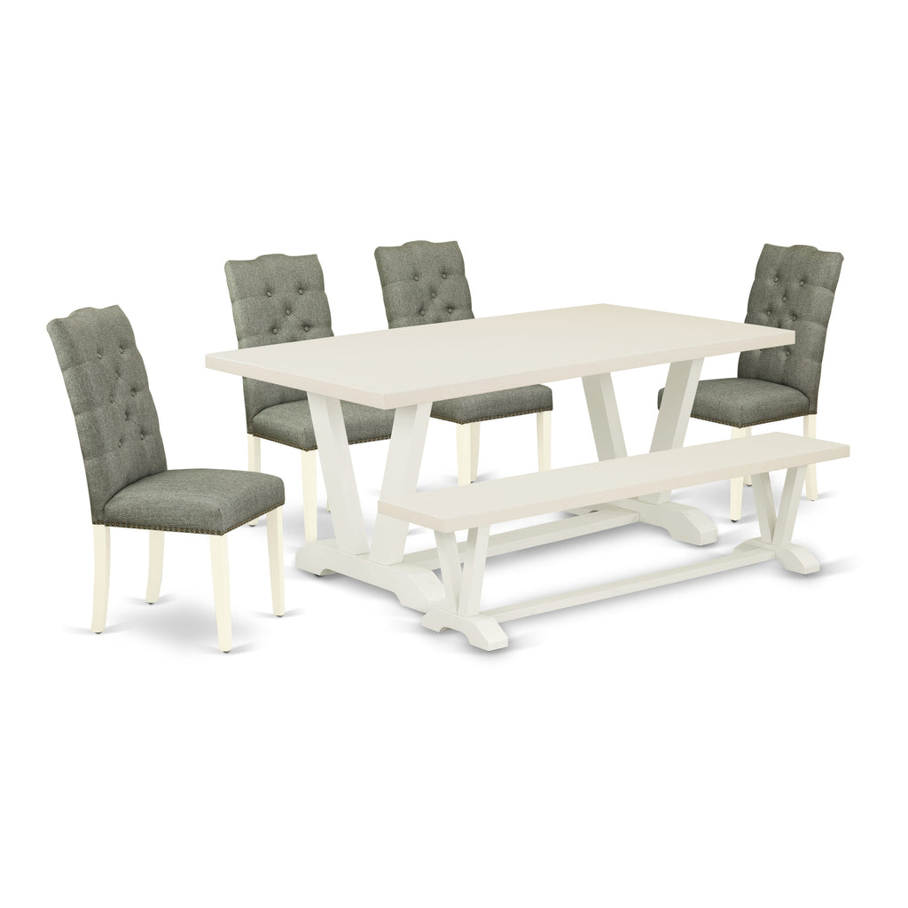 East West Furniture V027EL207-6 6 Piece Modern Dining Table Set Contains a Rectangle Wooden Table with V-Legs and 4 Gray Linen Fabric Parson Chairs with a Bench