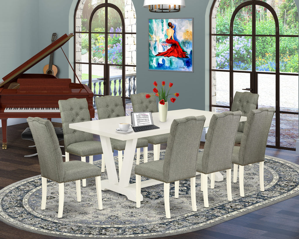 East West Furniture V027EL207-9 9 Piece Dining Room Set Includes a Rectangle Kitchen Table with V-Legs and 8 Gray Linen Fabric Upholstered Parson Chairs