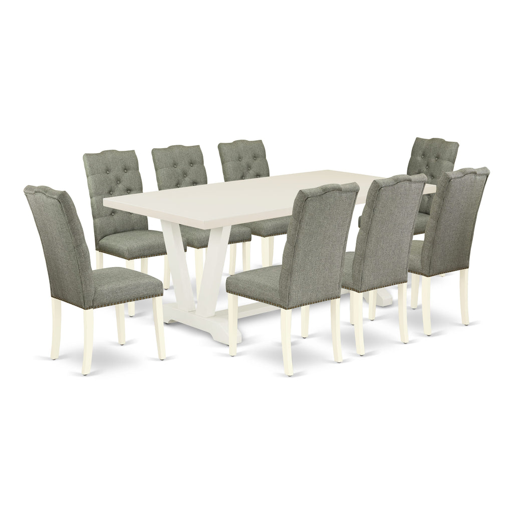 East West Furniture V027EL207-9 9 Piece Dining Room Set Includes a Rectangle Kitchen Table with V-Legs and 8 Gray Linen Fabric Upholstered Parson Chairs