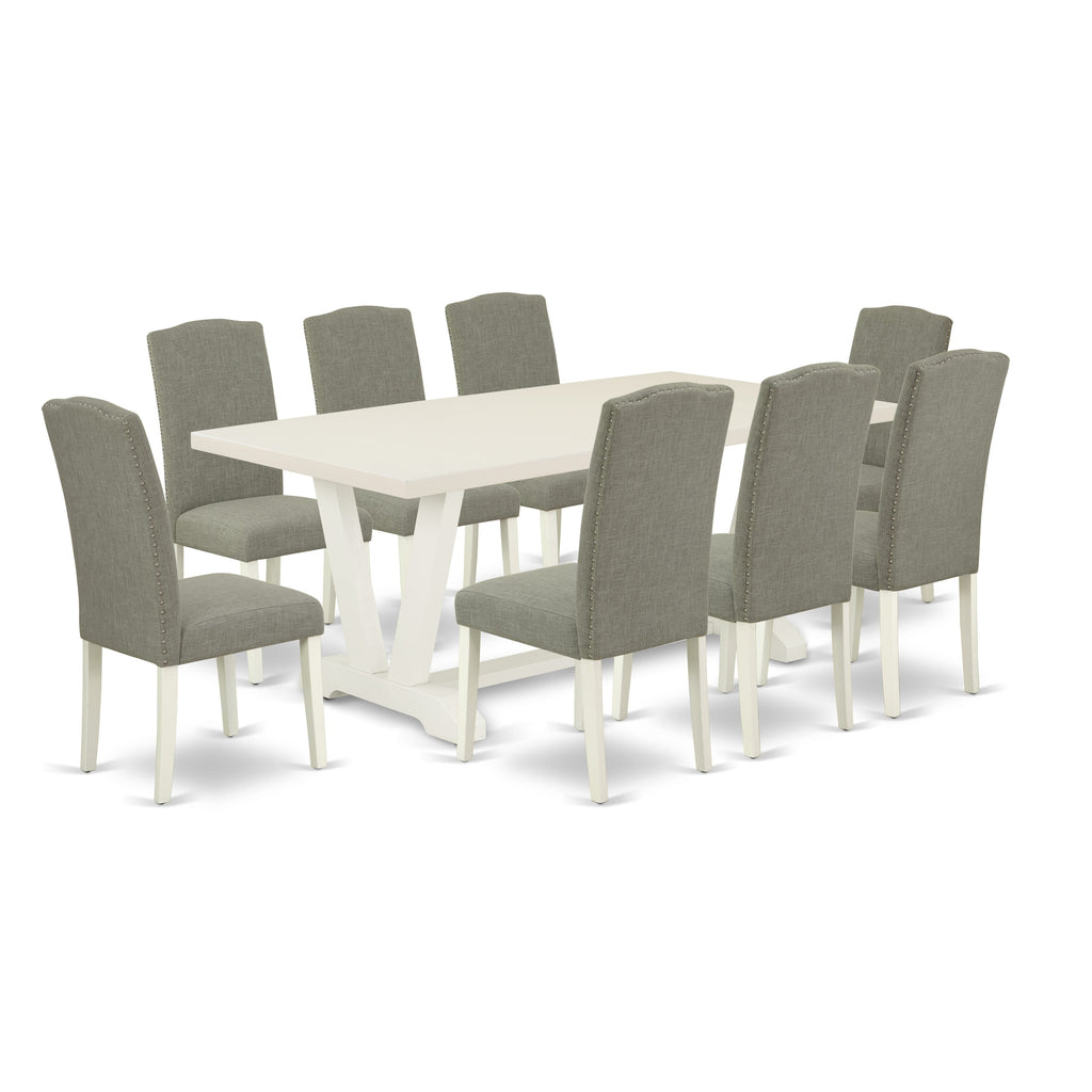 East West Furniture V027EN206-9 9 Piece Dining Room Set Includes a Rectangle Kitchen Table with V-Legs and 8 Dark Shitake Linen Fabric Upholstered Chairs