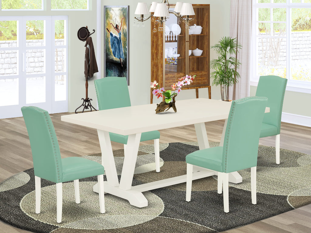 East West Furniture V027EN257-5 5 Piece Dining Set Includes a Rectangle Dining Room Table with V-Legs and 4 Pond Faux Leather Upholstered Chairs