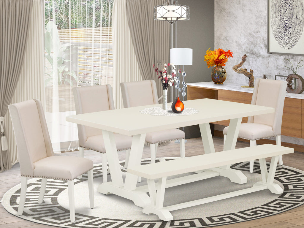 East West Furniture V027FL201-6 6 Piece Dining Room Set Contains a Rectangle Dining Table with V-Legs and 4 Cream Linen Fabric Parson Chairs with a Bench